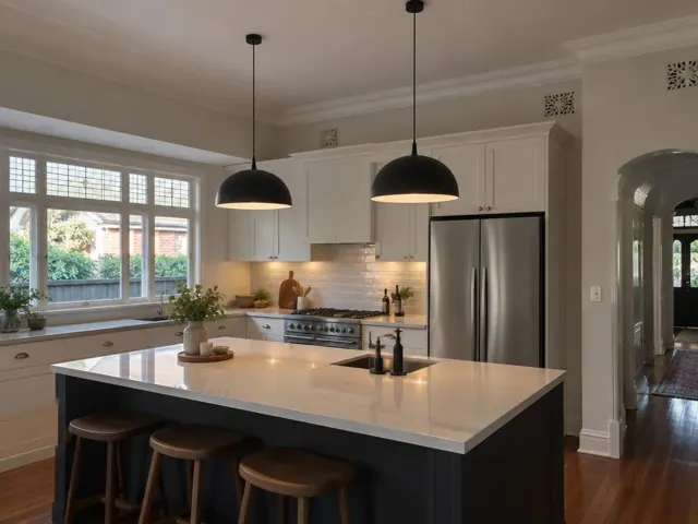 Kitchen with two black pendant lights over a white island in a traditional home interior in Chatswood